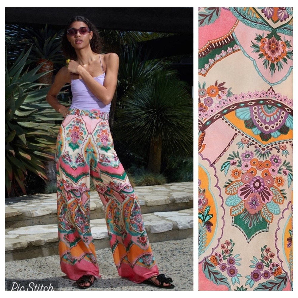 ZARA Pink Printed Flowy Palazzo Trousers S High Waist Festival Resort Gipsy***
